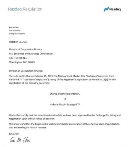 Comunicado da Nasdaq sobre aprovação de ETF da Valkyrie.