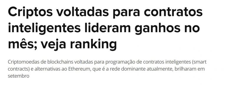 Reportagem diz que criptomoedas voltadas para contratos inteligentes lideram ganhos no mês de setembro. Imagem: Valor Investe