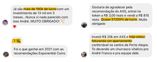 Depoimentos sobre retornos com criptomoedas. Fonte: Instagram.