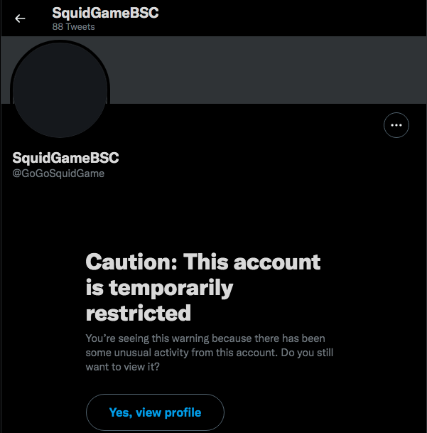 Conta do SQUID bloqueada. Fonte: Twitter.