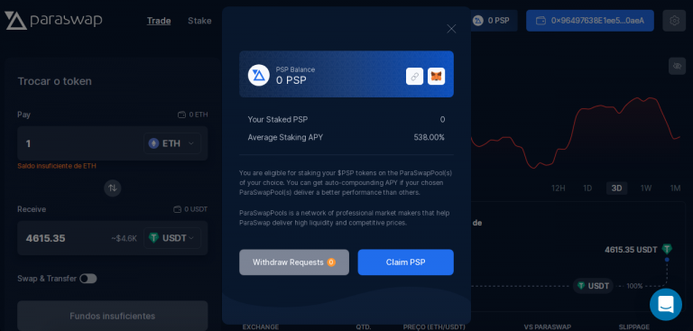 Tela para receber tokens PSP. Fonte: ParaSwap.