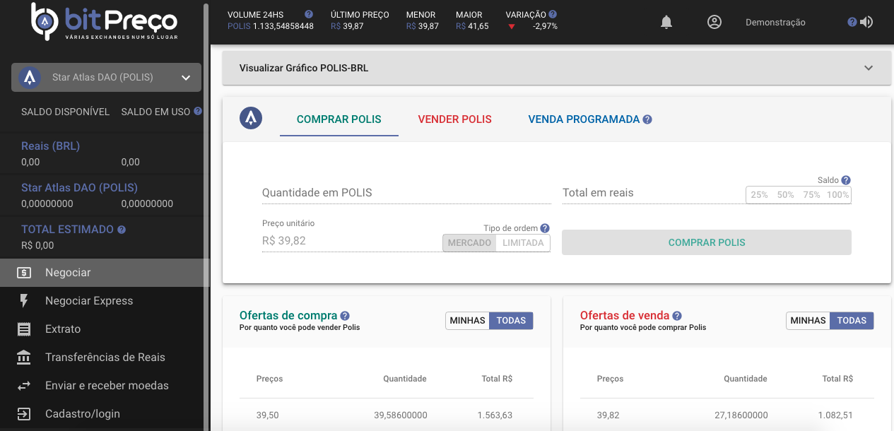 Livro de ofertas do token POLIS. Fonte: BitPreço.