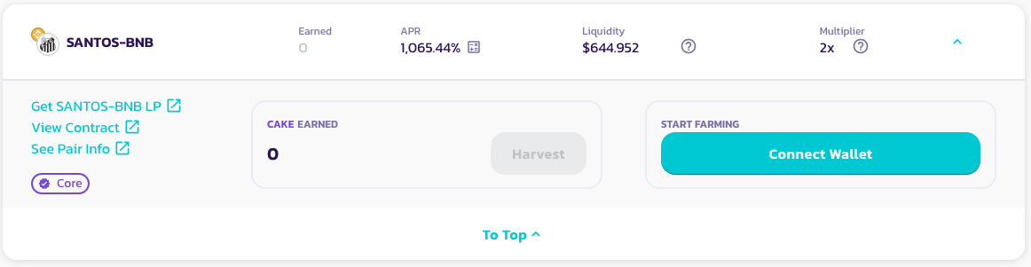 Pool de staking SANTOS/BNB. Fonte: PancakeSwap.