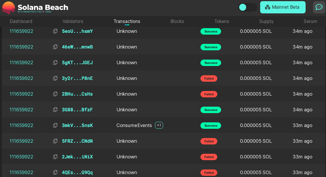 Lista de transações canceladas na Solana. Fonte: Solana Beach.