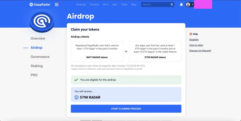 Example of user who received airdrop from RADAR.  Source: DappRadar.