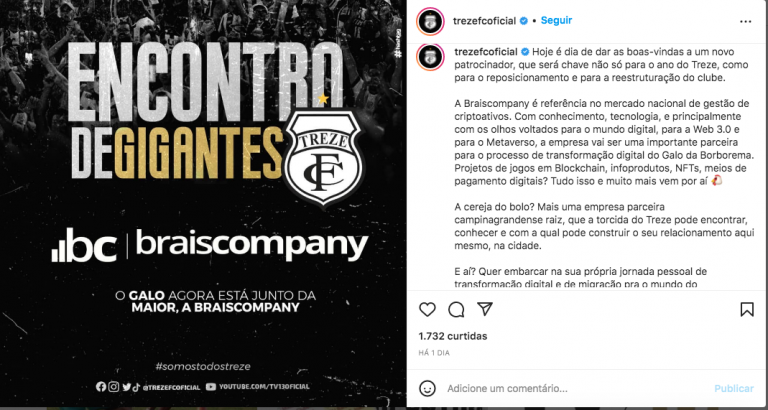 Treze anuncia patrocínio com Braiscompany. Fonte: Instagram.