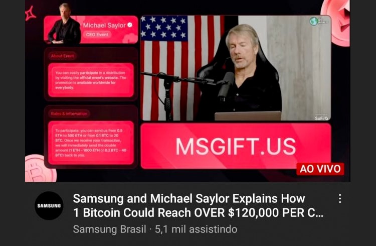 Canal no YouTube da Samsung é hackeado e promove golpe com Bitcoin e Ethereum
