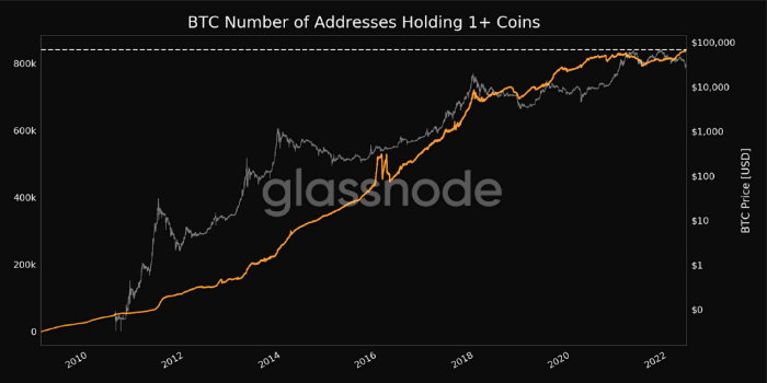 Number of addresses with more than one BTC.  Source: Glassnode.