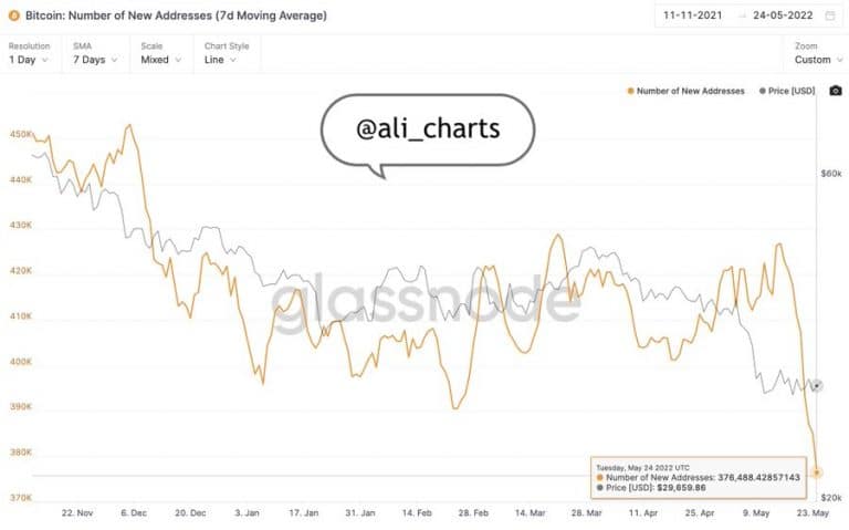 Gráfico do número de endereços de Bitcoin. Fonte: Glassnode