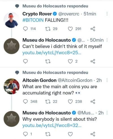 Hackers utilizaram contas para divulgar golpes. Fonte: Museu do Holocausto/Twitter.