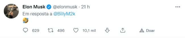 Tuíte de Elon Musk em resposta a Markus. Fonte: Twitter/Elon Musk