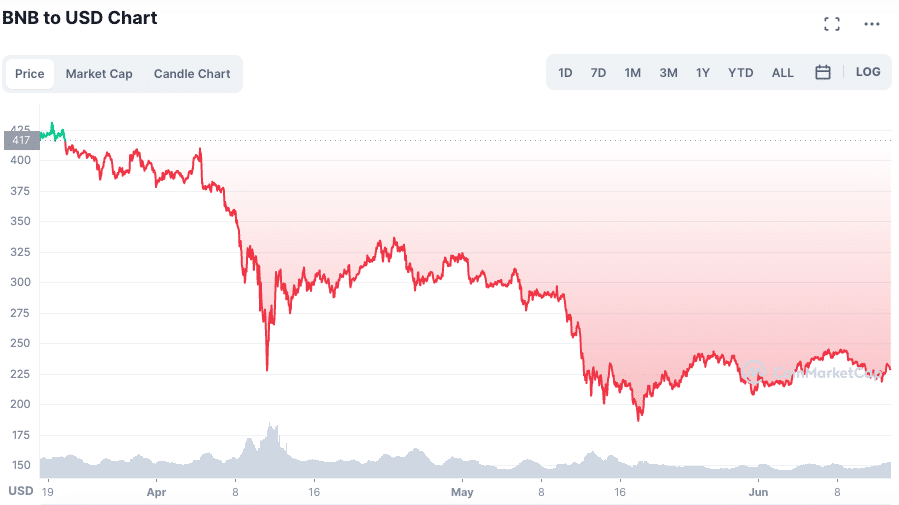 Perda de valor da BNB desde última queima. Fonte: CoinMarketCap.