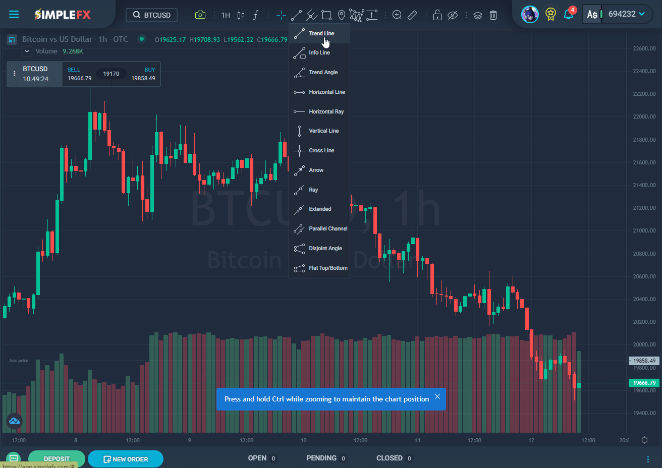 Desenhando linhas de tendência em um gráfico BTCUSD no aplicativo de investimento SimpleFX