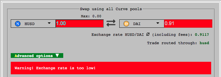 Cotação da HUSD desaba em relação a outras stablecoins. Fonte: Curve Finance.