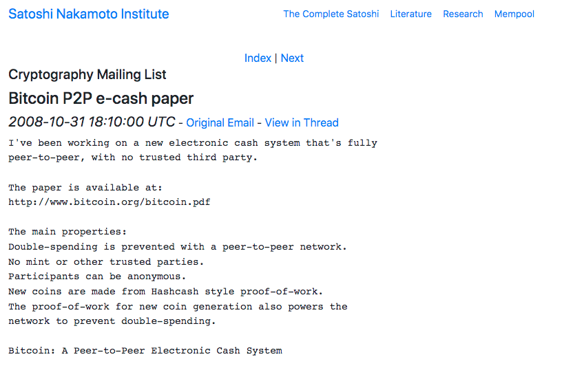 E-mail no qual Satoshi Nakamoto revela o white paper do Bitcoin. Fonte: Satoshi Nakamoto Institute.