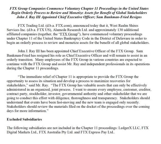 Íntegra do comunicado sobre a falência da FTX. Fonte: Twitter.