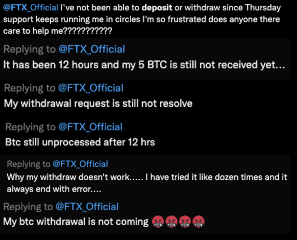 Usuários da FTX reclamando no twitter sobre o atraso na retirada de criptomoedas