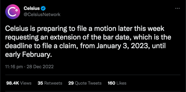 Celsius pede adiamento do julgamento de seu caso. Fonte: Twitter.
