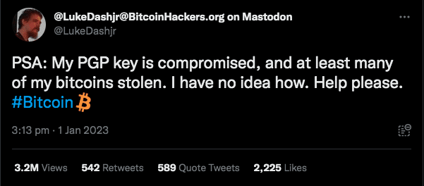 Relato de Dashjr falando sobre o roubo de suas chaves. Fonte: Twitter.