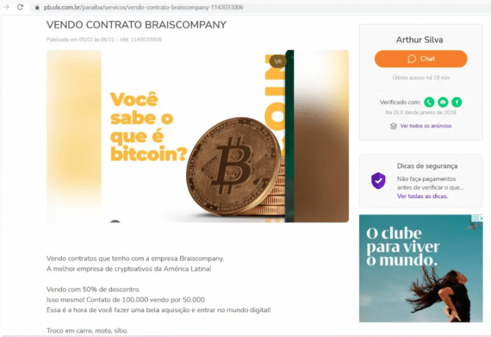 Anúncio de venda de contratos da Braiscompany. Fonte: OLX.