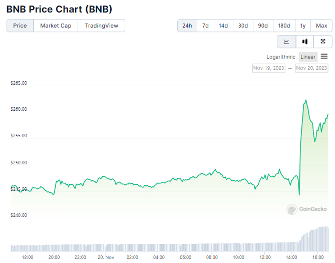 Gráfico de preço do BNB nas últimas 24 horas. Fonte: CoinGecko