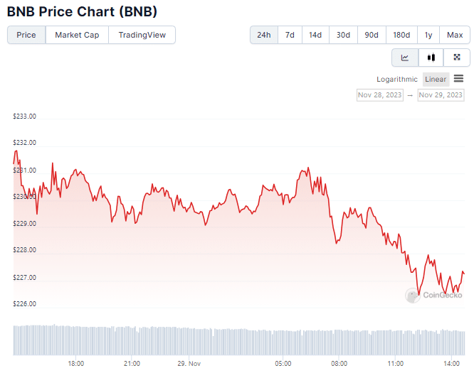 Gráfico de preço do BNB nas últimas 24 horas. Fonte: CoinGecko