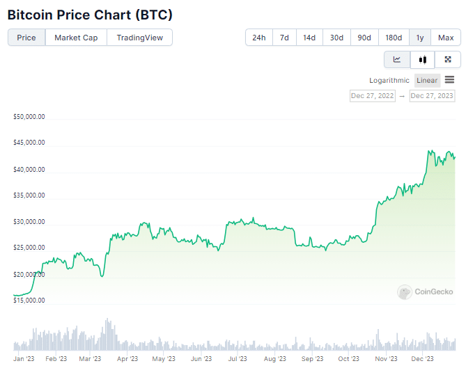 Gráfico de preço do Bitcoin no último ano. Fonte: CoinGecko