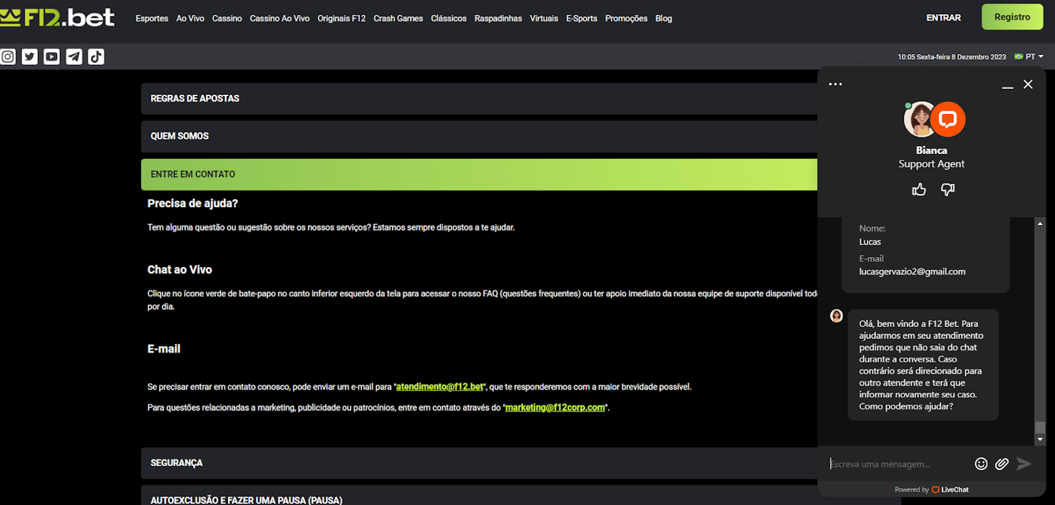 atendimento ao cliente da f12 bet