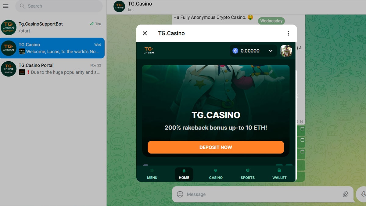 O TG Casino está disponível no Telegram pelo app móvel ou em sua versão desktop.