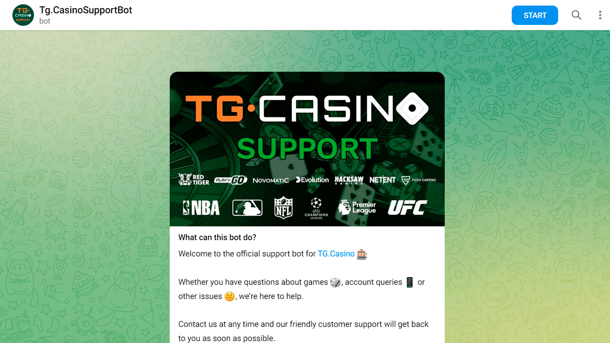 O TG Casino oferece um canal de atendimento, disponível 24 horas via Telegram