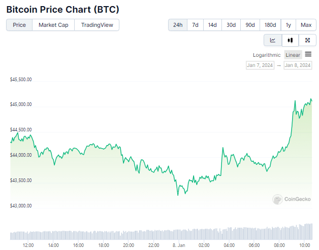 Gráfico de preço do Bitcoin nas últimas 24 horas. Fonte: CoinGecko