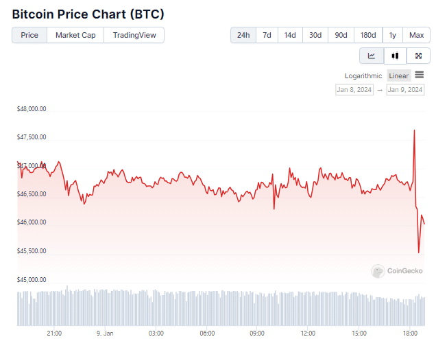 Gráfico de preço do Bitcoin nas últimas 24 horas. Fonte: CoinGecko