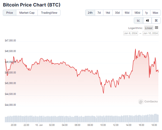 Gráfico de preço do Bitcoin nas últimas 24 horas. Fonte: CoinGecko