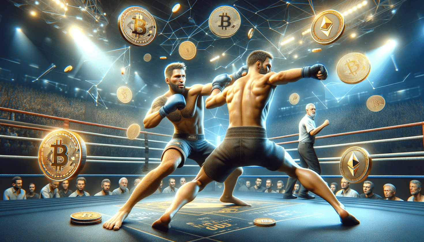 dois lutadores em combate em cima de um ringue com criptomoedas espalhadas.