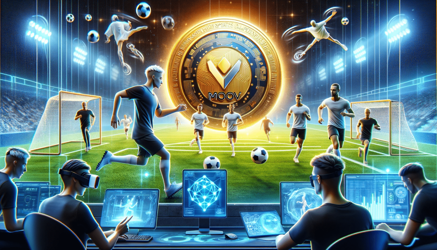 jogadores de futebole m campo com analistas em primeiro plano e o símbolo da criptomoeda dootmovs ao fundo.