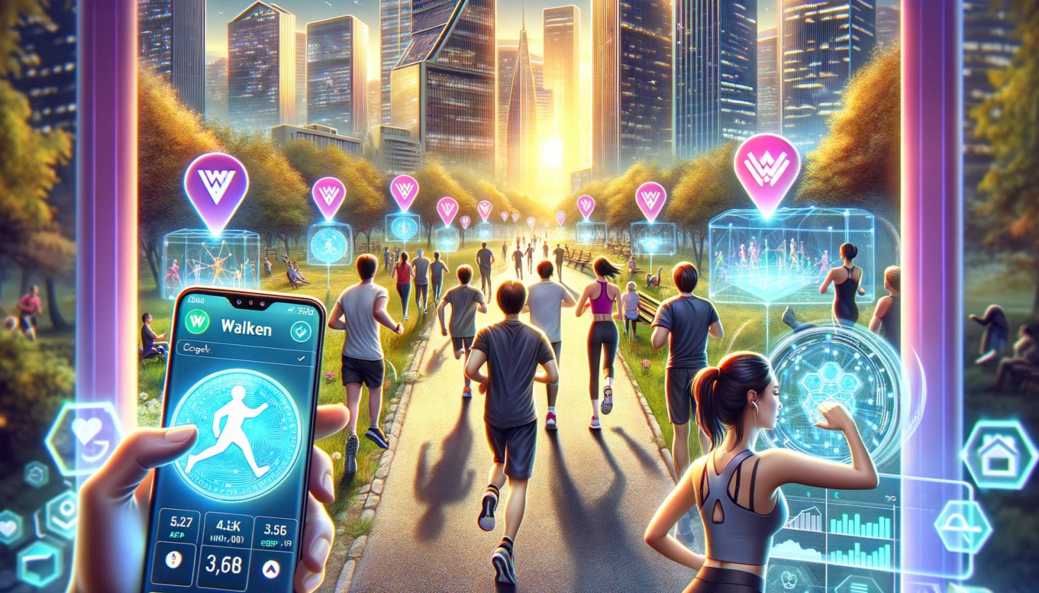 pessoas correndo em uma avenida ao fundo e em primeiro plano a tela de um celular com o app da Walken