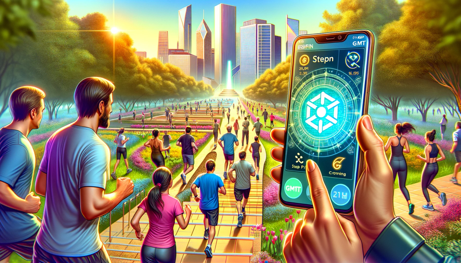 pessoas correndo em um parque em primeiro plano a tela de um celular com o app da Stepn.
