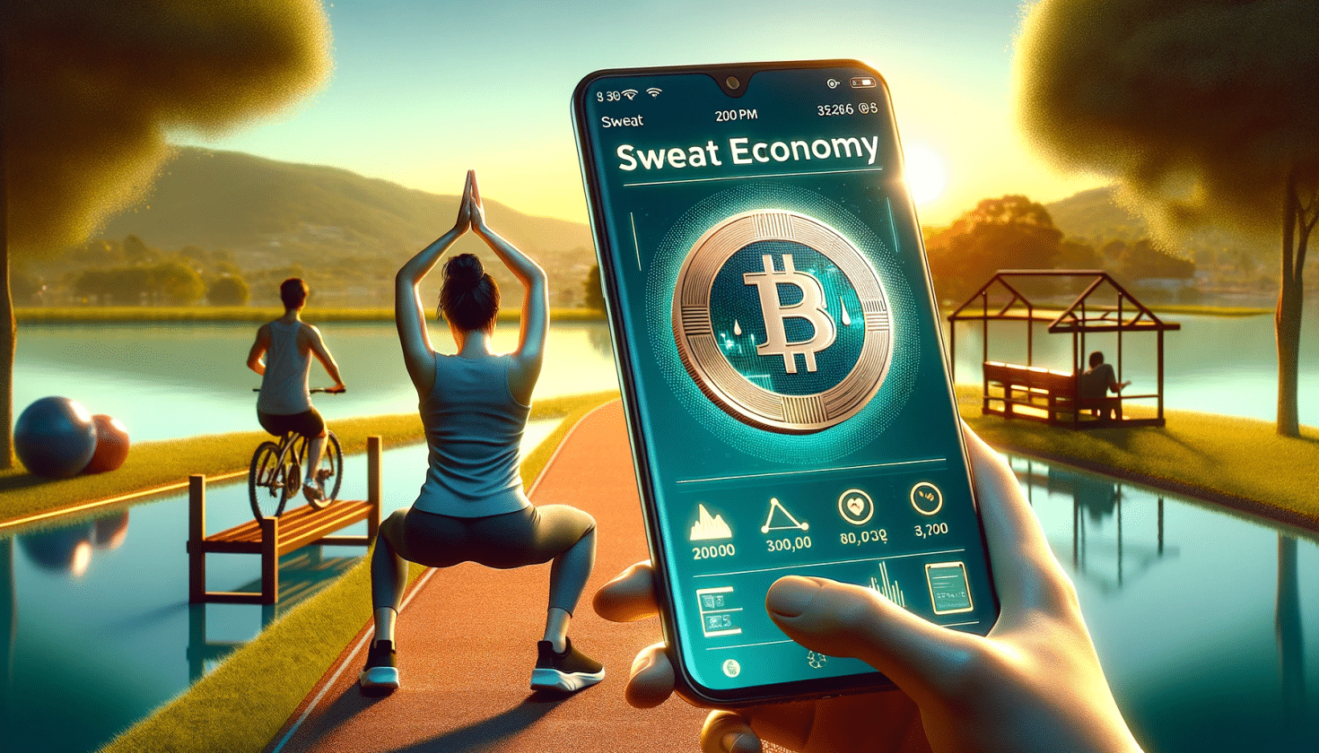 pessoas praticando ciclismo e yoga em um parque, em primeiro plano a tela de um celular com a criptomoeda Sweat Economy.