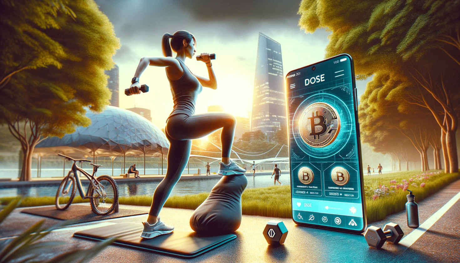 em primeiro plano uma mulher praticando exercícios em um parque olhando para a tela do seu celular com o símbolo da Bitcoin e a legenda "Dose".