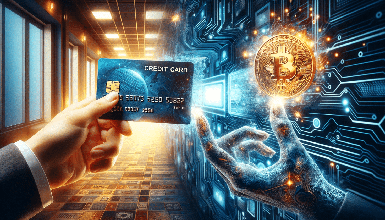 Representação artística que combina cartões de crédito e criptomoedas, com uma cena dividida mostrando um cartão de crédito físico e uma representação digital de uma criptomoeda.