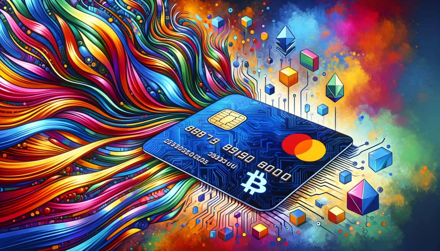 Ilustração vibrante e colorida mostrando a fusão de cartões de crédito e criptomoedas, com um cartão de crédito central em um padrão dinâmico que combina elementos tradicionais e digitais.