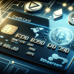 Imagem conceitual mostrando um cartão de crédito que combina elementos tradicionais e digitais, simbolizando a interseção entre o mundo financeiro e as criptomoedas.