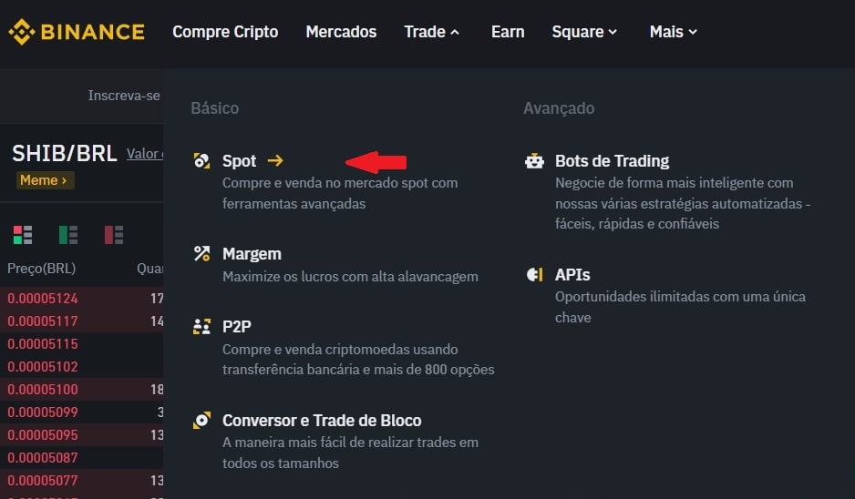 Menu para escolher Spot trading e comprar SHIB