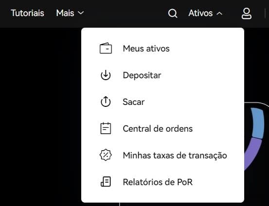 Menu para depositar e sacar Solana