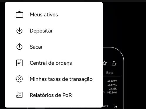 Menu para depositar criptos em Exchange