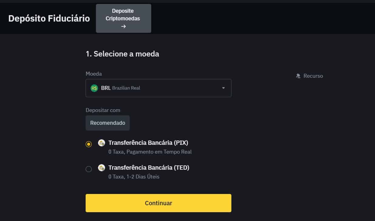 Depósito em corretora de criptomoedas