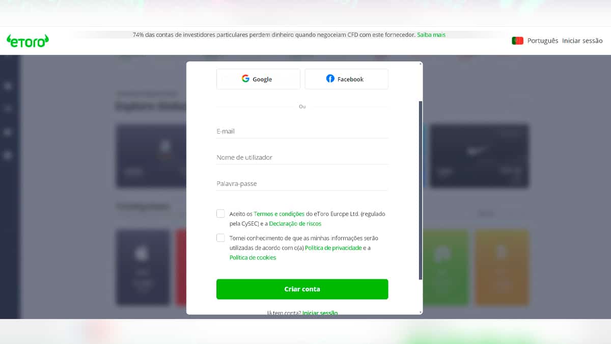 O processo de cadastro na eToro leva poucos minutos e pode ser feito tanto pelo computador, quanto em smartphones.