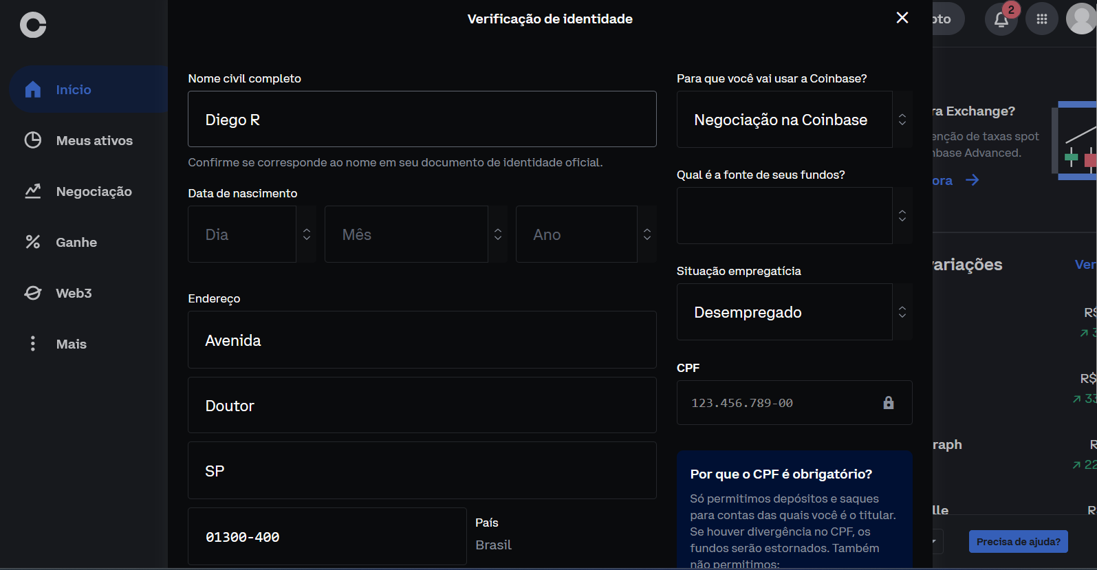 imagem de formulário para verificação de identidade da Coinbase