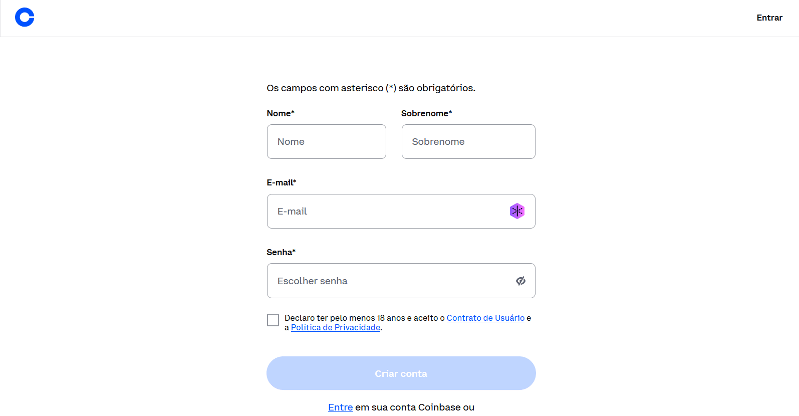 formulário de cadastro da Coinbase com campos para inserção do nome, sobrenome, email e senha.