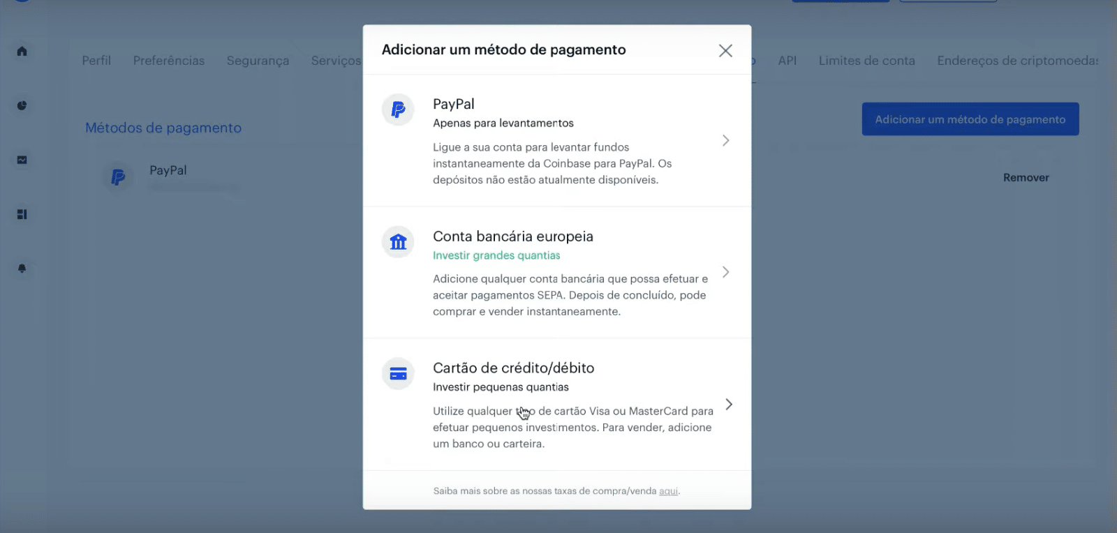 imagem da janela pop up da Coinbase com as opções de métodos de para compra de criptomoedas